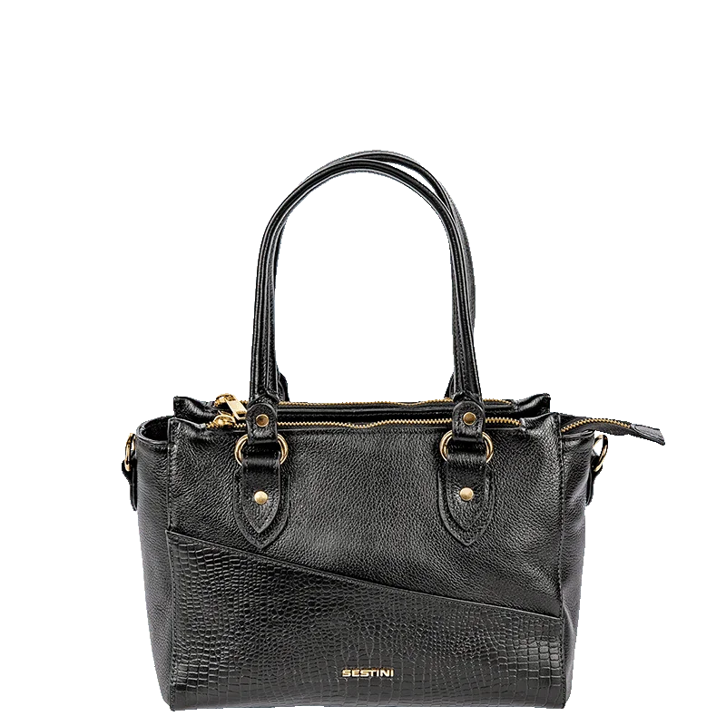 Bolsa Satchel Média 3 Compartimentos Couro Sestini Terrene - Preto