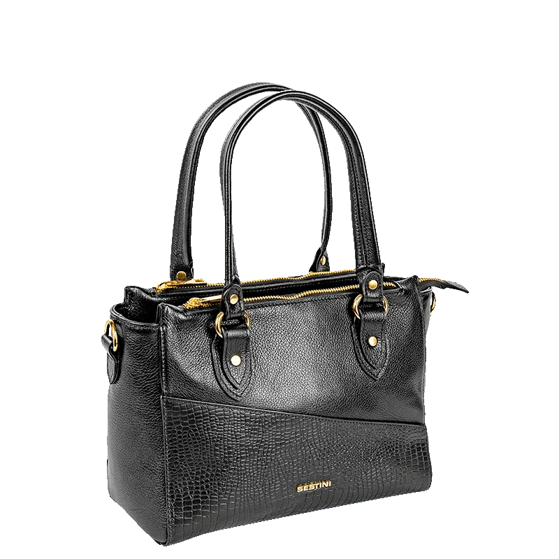 Bolsa Satchel Média 3 Compartimentos Couro Sestini Terrene - Preto