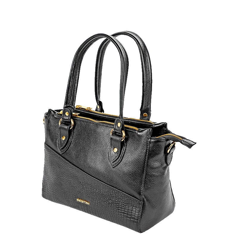 Bolsa Satchel Média 3 Compartimentos Couro Sestini Terrene - Preto