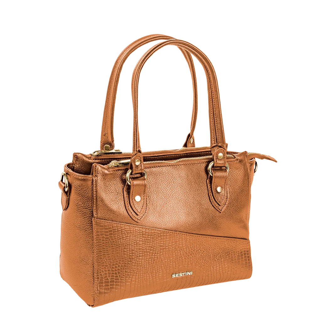 Bolsa Satchel Média 3 Compartimentos Couro Sestini Terrene - Savana