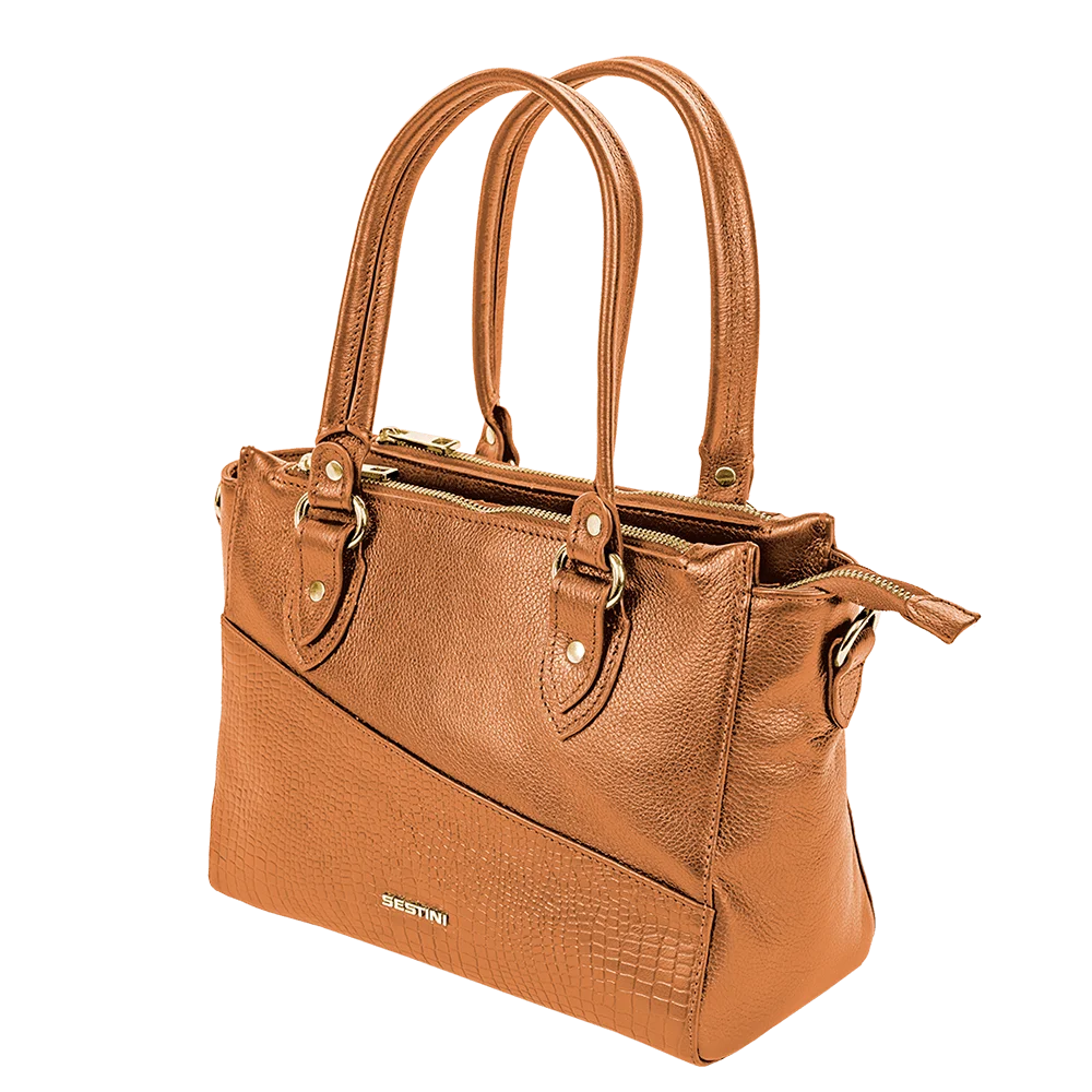 Bolsa Satchel Média 3 Compartimentos Couro Sestini Terrene - Savana