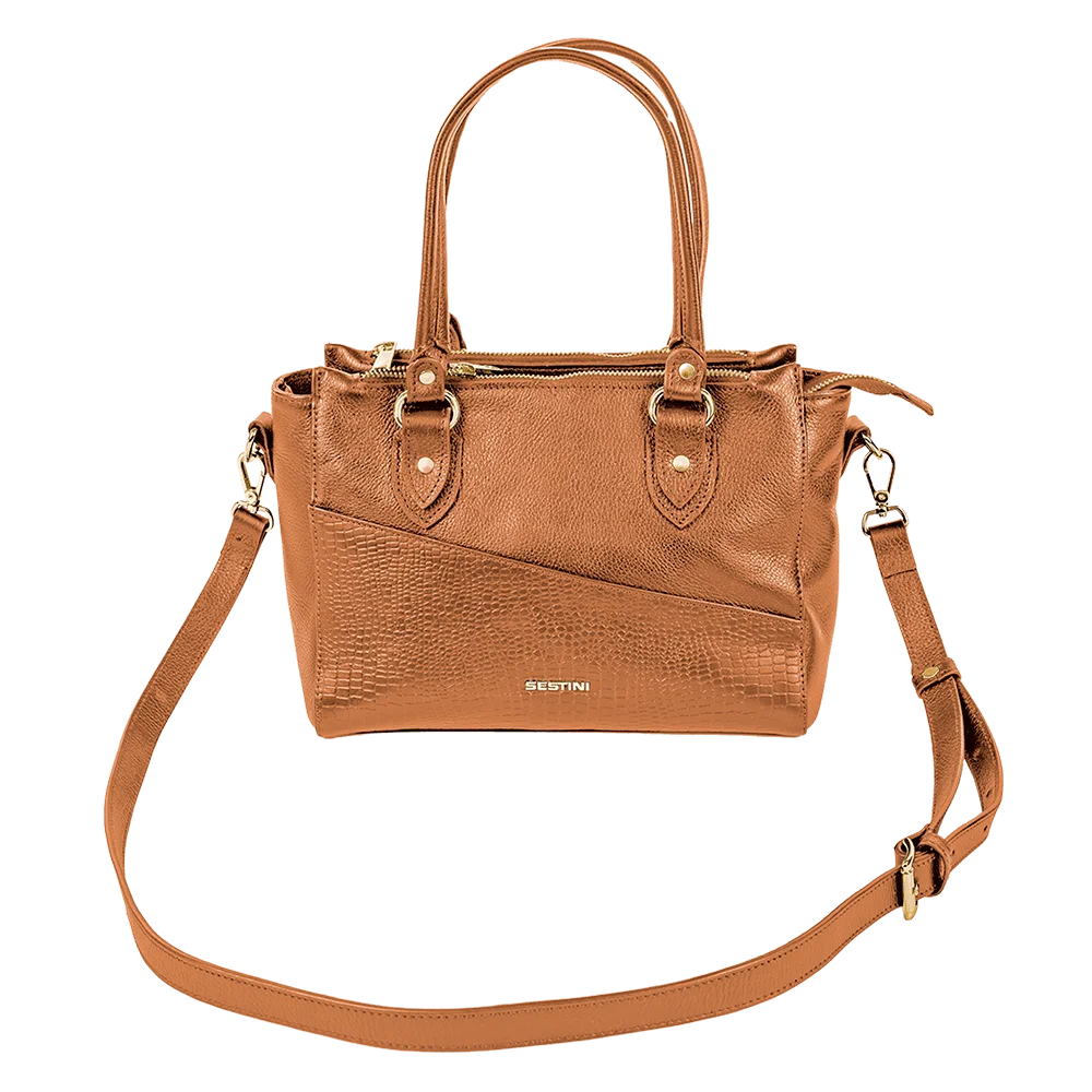 Bolsa Satchel Média 3 Compartimentos Couro Sestini Terrene - Savana