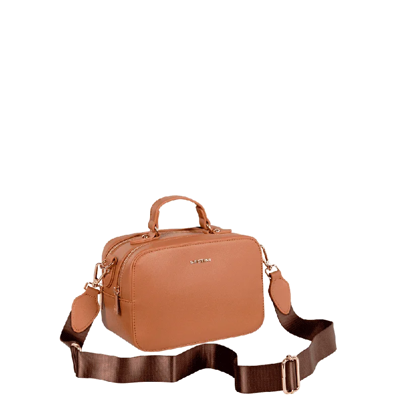 Bolsa Transversal Pequena 2 Compartimentos Sestini Monograma Marrom - Caramelo