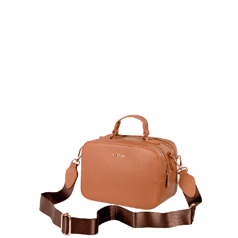 Bolsa Transversal Pequena 2 Compartimentos Sestini Monograma Marrom - Caramelo