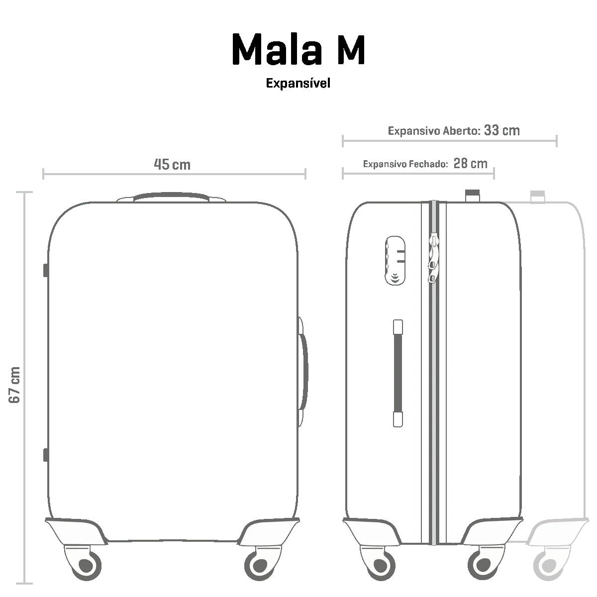 Kit 3 Malas de Viagem Grande, Média e Bordo Plus em ABS Wheeless 2t - Prata
