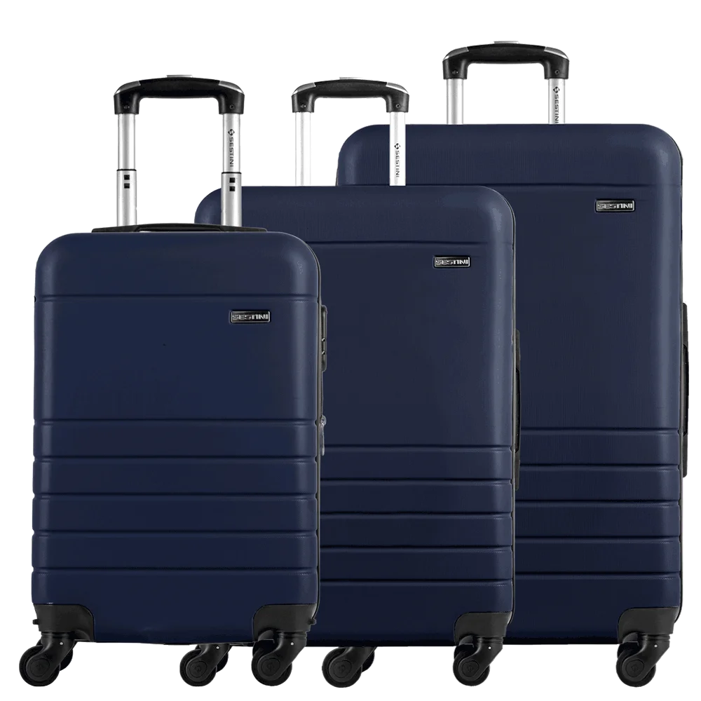 Kit 3 Malas de Viagem Grande, Média e Bordo em ABS Essencial 2 - Azul marinho