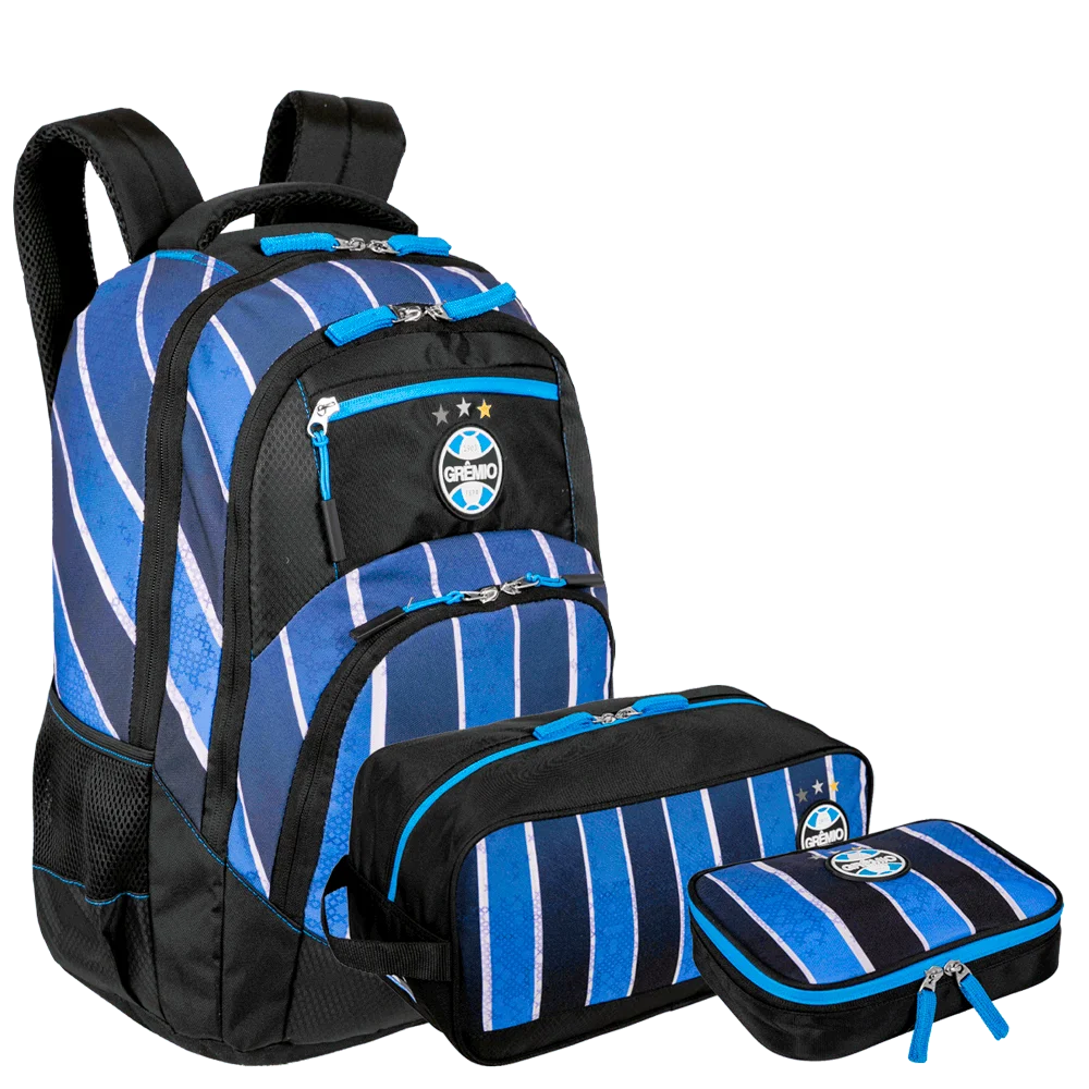 Kit Mochila 2 Compartimentos, Necessaire Porta Chuteira e Estojo Box Grêmio X02 - Listrado