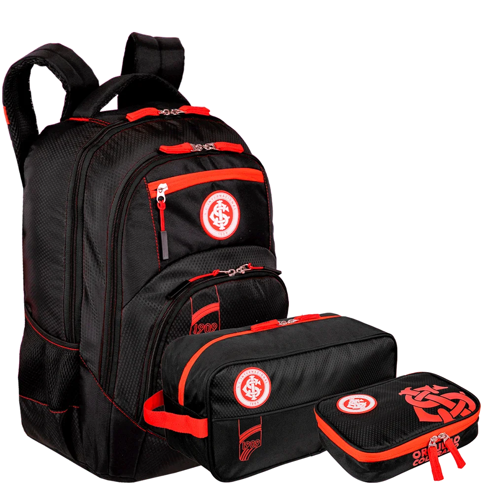 Kit Mochila 2 Compartimentos, Necessaire Porta Chuteira e Estojo Box Internacional X02 - Preto