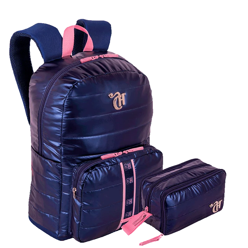 Kit Mochila Grande Puffer e Estojo Box Especial 3 Compartimentos Capricho Puffer - Azul