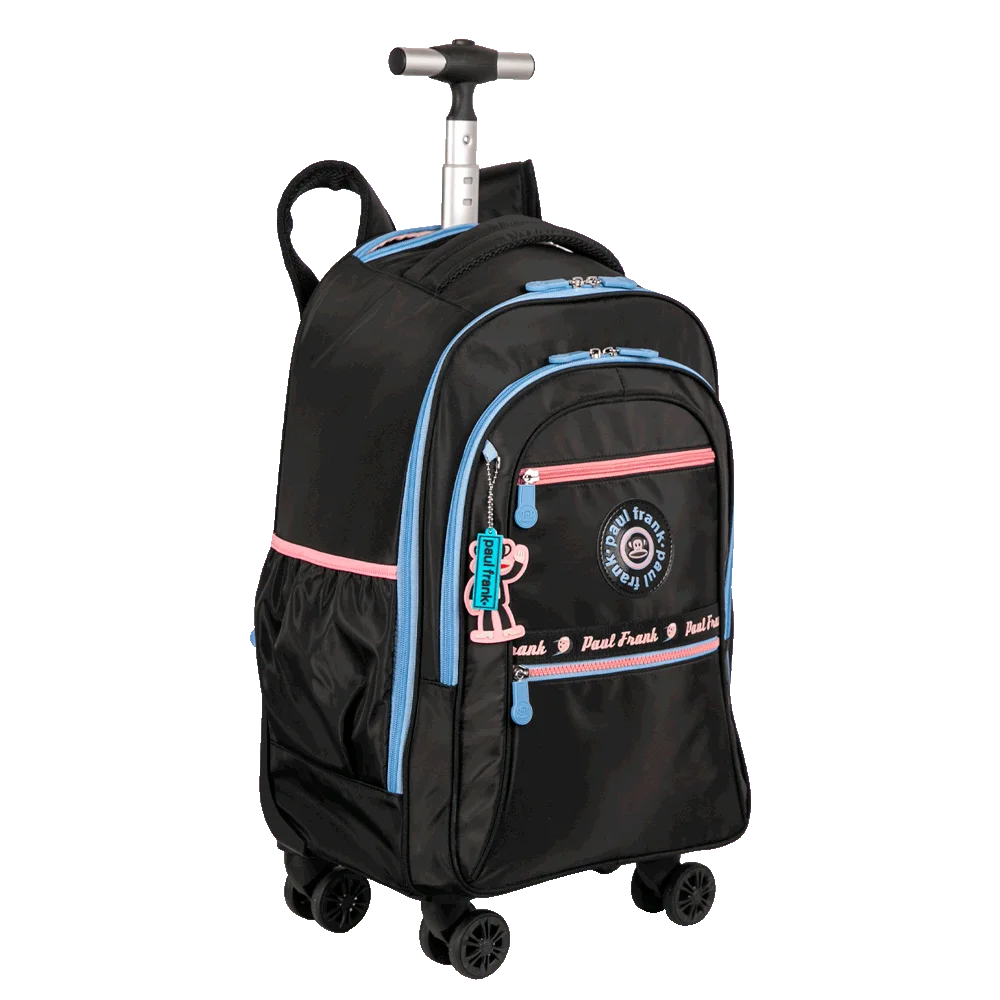 Mochila Carrinho 4 Rodas Duplas Paul Frank Fun - Preto e Rosa